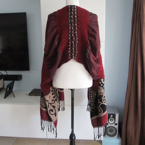 CHICO'S WOOL TYPE LARGE SHAWL WRAP SCARF  w/  Fringes 74" X 17" Burgundy, Black - Picture 3 of 9